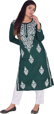 Shadab Chikan Women Embroidered Straight Kurta(Dark Green)