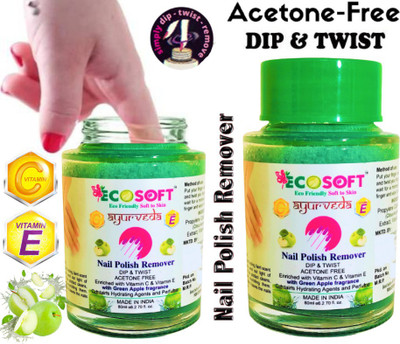 ECOSOFT Ultimate Premium Dip & Twist Instant Nail Polish Remover Nail Polish Remover - Acetone Free, Enriched with Vitamin C or Vitamin E with Green Apple Fragrance. Contains Hydrating Agents & Perfume.(PACK OF 2)(160 ml)