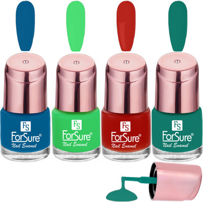 ForSure Glossy Finish Nail Polish With Quick Dry Formula Combo of 4 Indigo Blue ,Party Red ,Parrot Green ,Positive Green(Pack of 4)
