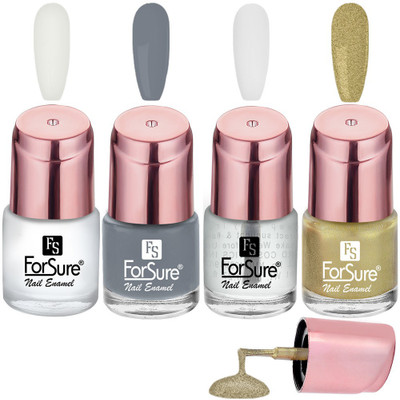 ForSure Glossy Finish Nail Polish With Quick Dry Formula Combo of 4 Sleek White ,Sparkle Gold ,Classic Grey ,Transparent(Pack of 4)