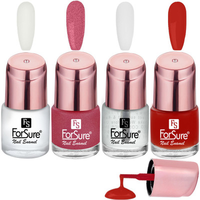 ForSure Glossy Finish Nail Polish With Quick Dry Formula Combo of 4 Transparent ,Party Red ,Sleek White ,Intense Pink(Pack of 4)
