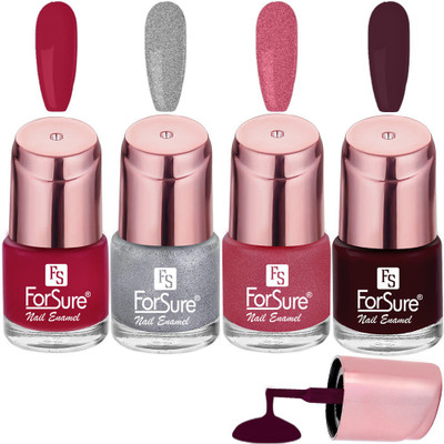 ForSure Glossy Finish Nail Polish With Quick Dry Formula Combo of 4 Perfection Red ,Maroon Wine ,Silver Sparkle ,Intense Pink(Pack of 4)