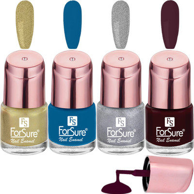 ForSure Glossy Finish Nail Polish With Quick Dry Formula Combo of 4 Sparkle Gold ,Silver Sparkle ,Maroon Wine ,Indigo Blue(Pack of 4)
