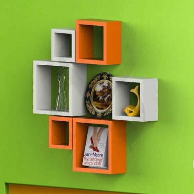 ONLINECRAFTS wooden wall shelf Wooden Wall Shelf(Number of Shelves - 6, Orange, White)