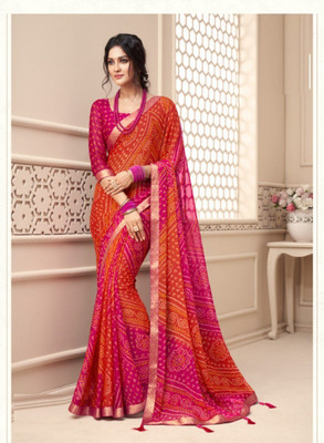 SainiVastra Printed Bandhani Chiffon Saree(Orange)