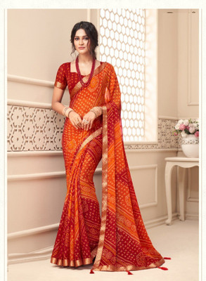 SainiVastra Printed Bandhani Chiffon Saree(Orange)