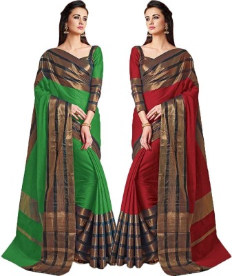 BAPS Self Design, Striped, Woven, Embellished, Solid/Plain Bollywood Cotton Blend, Art Silk Saree(Pack of 2, Red, Green)