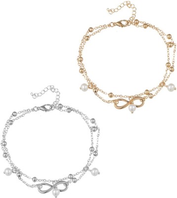 fabula Combo of 2 Gold & Silver Tone Multi Layer Pearls Fashion Metal, Alloy, Metal Anklet(Pack of 2)