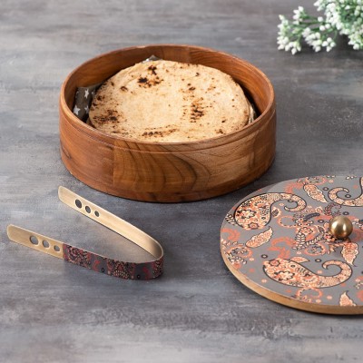 nestroots Casserole Wooden hot Box Set for Kitchen | chapati Box Food Warmer hotcasese Set / hotpot roti Box with Printed lid or Plain Base Tong (Mango Wood White , 9 inch ) Serve Casserole(800 ml)