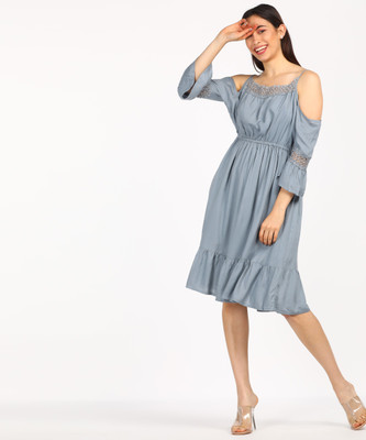 Tokyo Talkies Women Fit and Flare Grey Midi/Calf Length Dress