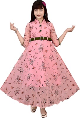 Ajiza Garments Girls Maxi/Full Length Casual Dress(Pink, 3/4 Sleeve)