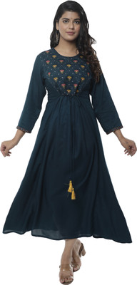 Anukriti Women Embroidered Flared Kurta(Dark Blue)