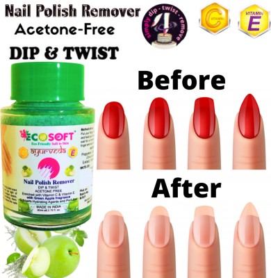 ECOSOFT Contains Hydrating Agents & Perfume.unit of 1 ADVANCE NEW PACK No parabens. No sulphates. Only love! Made in India. Ultimate Premium Dip & Twist Instant Nail Polish Remover Nail Polish Remover - Acetone Free, Enriched with Vitamin C or Vitamin E with Green Apple Fragrance. Contains Hydrating