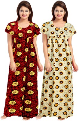 Khushi Print Women Nighty Set(Red, Yellow)