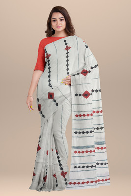 SLAGHA Woven Handloom Cotton Blend Saree(White)