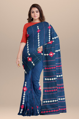 Bong ButiQ Woven Handloom Cotton Blend Saree(Blue)