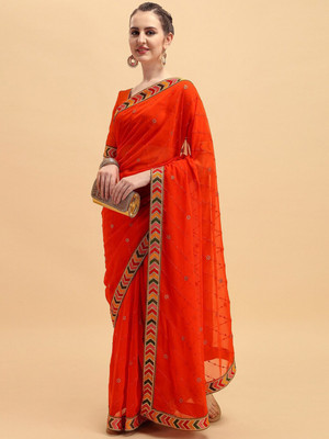 Sangria Embroidered Daily Wear Georgette Saree(Orange)