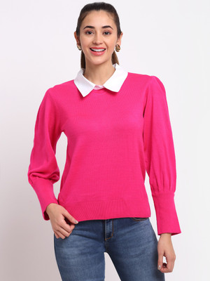 Club York Solid V Neck Casual Women Pink Sweater