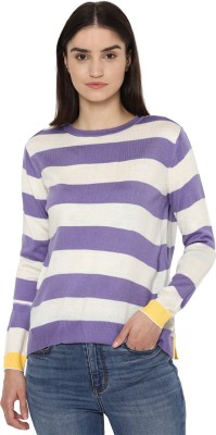 Allen Solly Striped Round Neck Casual Women Purple, White Sweater