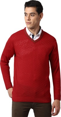 PETER ENGLAND Solid V Neck Casual Men Red Sweater