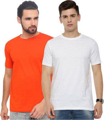 Bushirt Solid Men Round Neck White, Orange T-Shirt