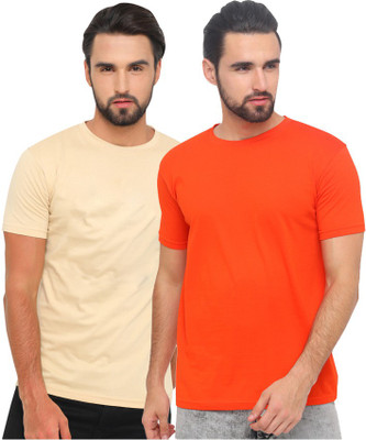 Bushirt Solid Men Round Neck Orange, Beige T-Shirt