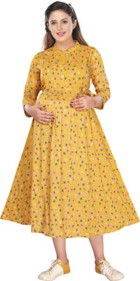 mamma's maternity Women A-line Yellow Below Knee Dress