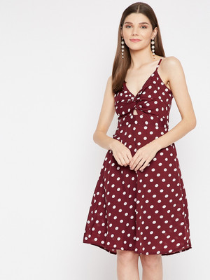 U&F Women Fit and Flare Maroon, White Knee Length Dress