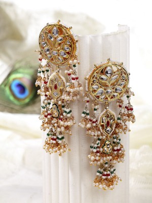 DUGRAN BY DUGRISTYLE Kundan, Pearls, Natural Stones, Faux Ruby, Faux Emerald Gold,Red, White, Green Dangler Earring Pearl Sterling Silver Drops & Danglers