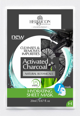 Herbicon Activated Charcoal Face Sheet Mask for Detox Skin and Hydration - 20 g (Pack of 1)(20 ml)
