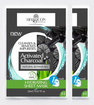 Herbicon Activated Charcoal Face Sheet Mask for Detox Skin and Hydration - 20 g (Pack of 2)(40 ml)