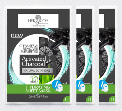 Herbicon Activated Charcoal Face Sheet Mask for Detox Skin and Hydration - 20 g (Pack of 3)(60 ml)