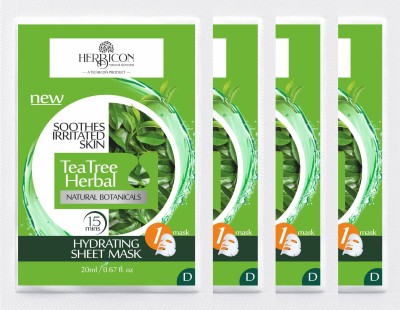 Herbicon Tea Tree Herbal Face Sheet Mask with Aloe Vera for Acne and Skin Inflammation - 20 g (Pack of 4)(80 ml)