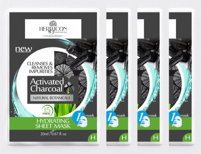 Herbicon Activated Charcoal Face Sheet Mask for Detox Skin and Hydration - 20 g (Pack of 4)(80 ml)