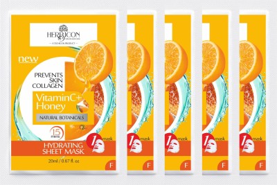 Herbicon Vitamin C Face Sheet Mask with Vitamin C and Honey for Skin Illumination - 20 g (Pack of 5)(100 ml)