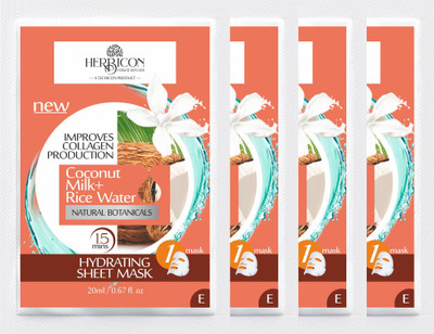 Herbicon Face Sheet Mask with Rice Water and Coconut Milk for Deep Hydration - 20 g (Pack of 4)(80 ml)