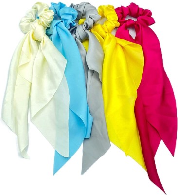 Plucket Pack of 5 Knotted Bow Hair Scrunchies Elastic Hair Scarf Black Hair Ties Rubber Band(Beige, Turquoise, Grey, Yellow, Maroon)