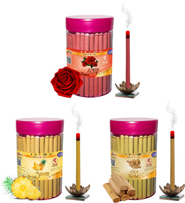 Shankh Rose, Pineapple & Sandal (Chandan) Dhoop Stick (Incense Stick) Pack of 300 gram (100 + 100 + 100) Fragrances Rose, Pineapple, Sandal (Chandan)(100 g, Set of 3)