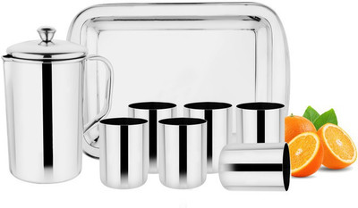 PRABHA Lemon_Set_Plain Jug Glass Tray Set(Stainless Steel)