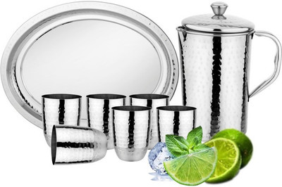 PRABHA Lemon_Set_Hammered Jug Glass Tray Set(Stainless Steel)
