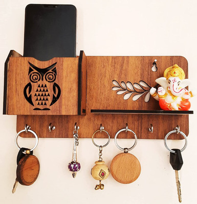 jai shree shyam collection Owl cutting poket mobile charger stand office key holder Wood Key Holder(7 Hooks)