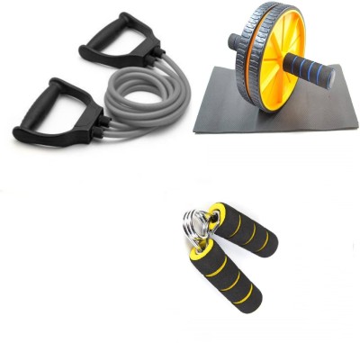 Dr Pacvu Athletes Choice Pack of 3 Combo | Hand Gripper, AB Wheel Roller and Double Band Toning Tubes| Foam Handle Hand Gripper For Increase Arms and fingers Physical Strength with AB Wheel Roller for tummy Trim and Resisatence Band Toning Tube For Home Gym Body Stretching and Physcial Fitness | For