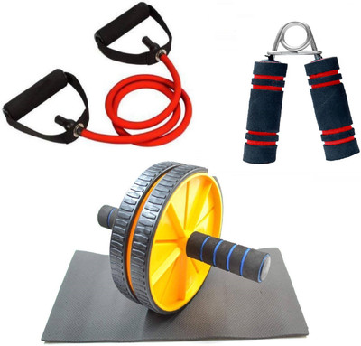 Dr Pacvu Athletes Choice Pack of 3 Combo | Hand Gripper, AB Wheel Roller and Single Band Toning Tubes| Foam Handle Hand Gripper For Increase Arms and fingers Physical Strength with AB Wheel Roller for tummy Trim and Resisatence Band Toning Tube For Home Gym Body Stretching and Physcial Fitness | For