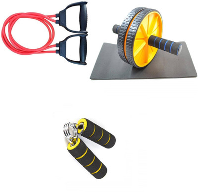 Dr Pacvu Athletes Choice Pack of 3 Combo | Hand Gripper, AB Wheel Roller and Double Band Toning Tubes| Foam Handle Hand Gripper For Increase Arms and fingers Physical Strength with AB Wheel Roller for tummy Trim and Resisatence Band Toning Tube For Home Gym Body Stretching and Physcial Fitness | For