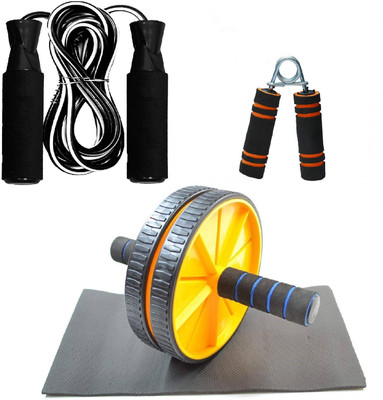 Dr Pacvu Athletes Choice Pack of 3 Combo | Hand Gripper, AB Wheel Roller and Jumping Skipping Rope | Foam Handle Hand Gripper For Increase Arms and fingers Physical Strength with AB Wheel Roller for tummy Trim and Foam Handle Jumping Skipping Rope For Home Gym Body Stretching and Physcial Fitness | 