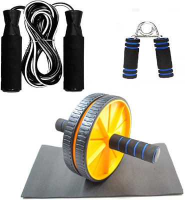 Dr Pacvu Athletes Choice Pack of 3 Combo | Hand Gripper, AB Wheel Roller and Jumping Skipping Rope | Foam Handle Hand Gripper For Increase Arms and fingers Physical Strength with AB Wheel Roller for tummy Trim and Foam Handle Jumping Skipping Rope For Home Gym Body Stretching and Physcial Fitness | 
