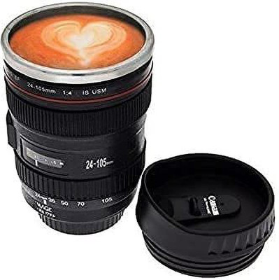 PURCHASE ZONE Camera Lens Coffee with lid Leak Proof 400ml Best for Gifting|black Stainless Steel Coffee Mug(400 ml)