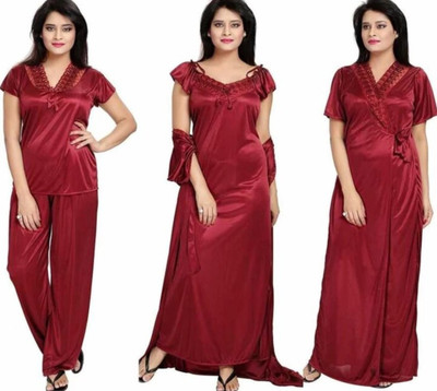 UWNAQA Women Nighty with Robe(Maroon)