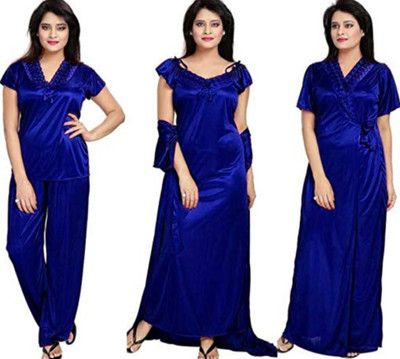 TWELEBERG Women Solid Blue Night Suit Set
