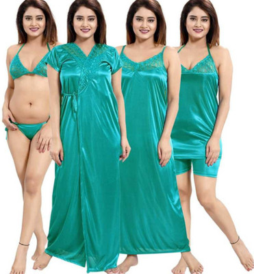 TWELEBERG Women Solid Light Green Night Suit Set